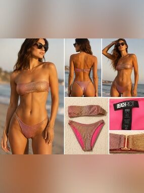 Beach Riot Metallic Shimmer Bikini Set XS Rose Gold Pink Bandeau Swimwear